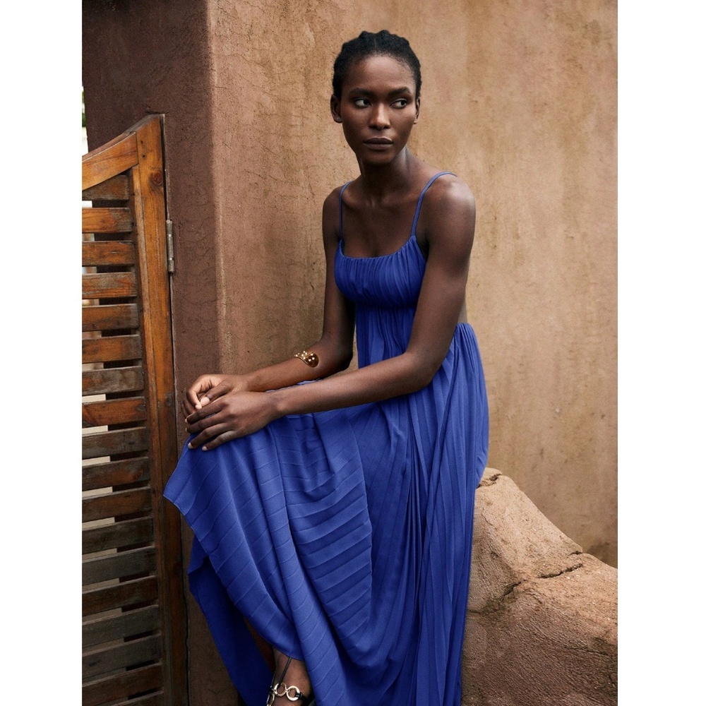 Blue Pleated Maxi Babydoll Dress Open Back Flowy Skirt Tie Straps Lined - Picture 4 of 11